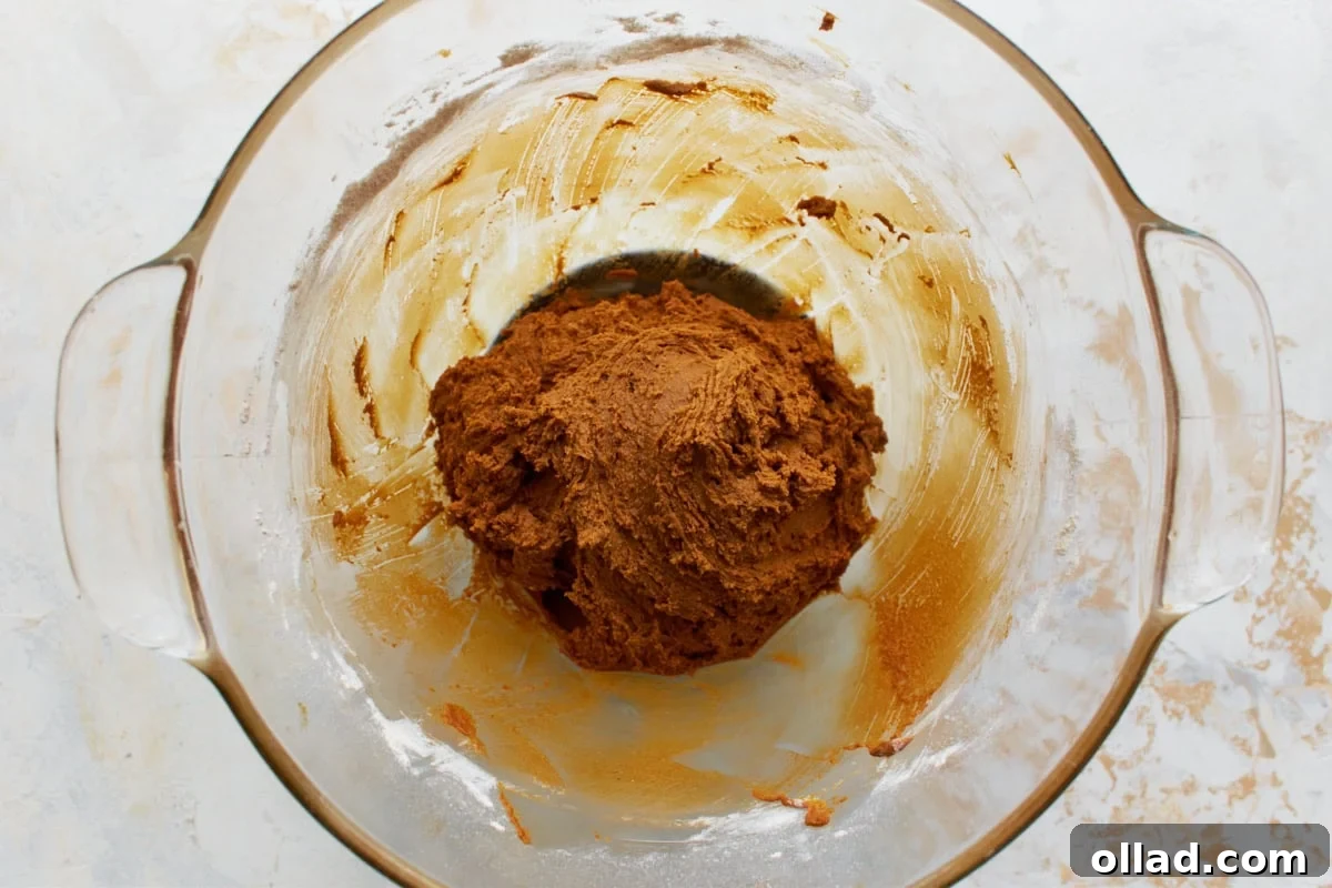 Gluten Free Gingerbread Delights 10 The gluten-free gingerbread dough, now fully combined, rests in a glass mixing bowl, showing its rich, brown color and smooth texture.