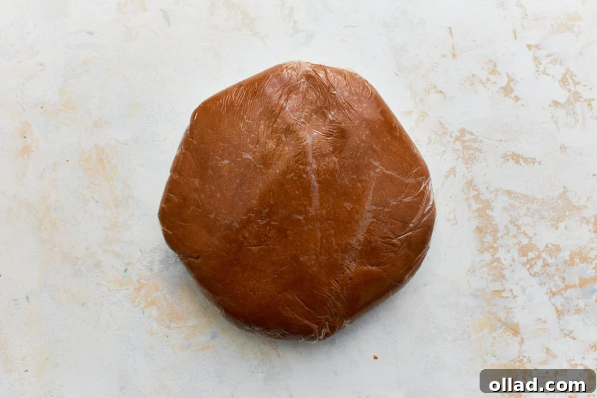 Gluten Free Gingerbread Delights 11 A disc of gluten-free gingerbread dough wrapped tightly in clear plastic cling film, ready for chilling in the refrigerator.