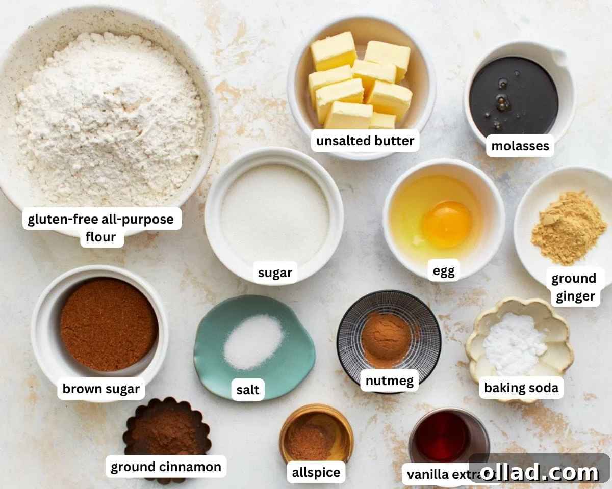 Gluten Free Gingerbread Delights 3 A curated selection of ingredients for homemade gluten-free gingerbread, including flour, sugars, spices, and molasses, neatly arranged for baking.