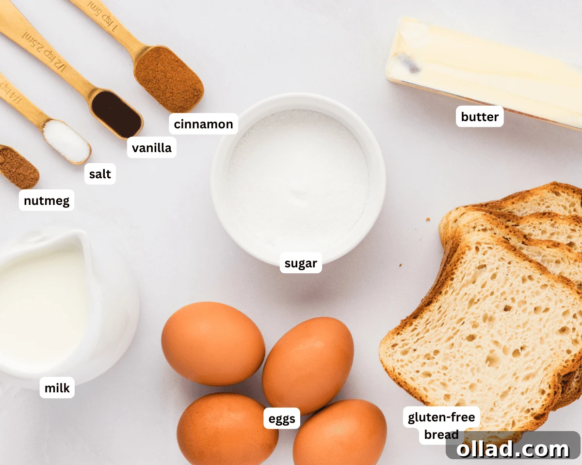 A collection of fresh, high-quality ingredients laid out on a clean counter, including a carton of large eggs, a bottle of milk, a gluten-free loaf of bread, containers of sugar, ground cinnamon, nutmeg, salt, and vanilla extract, all ready to be transformed into delicious gluten-free French toast.