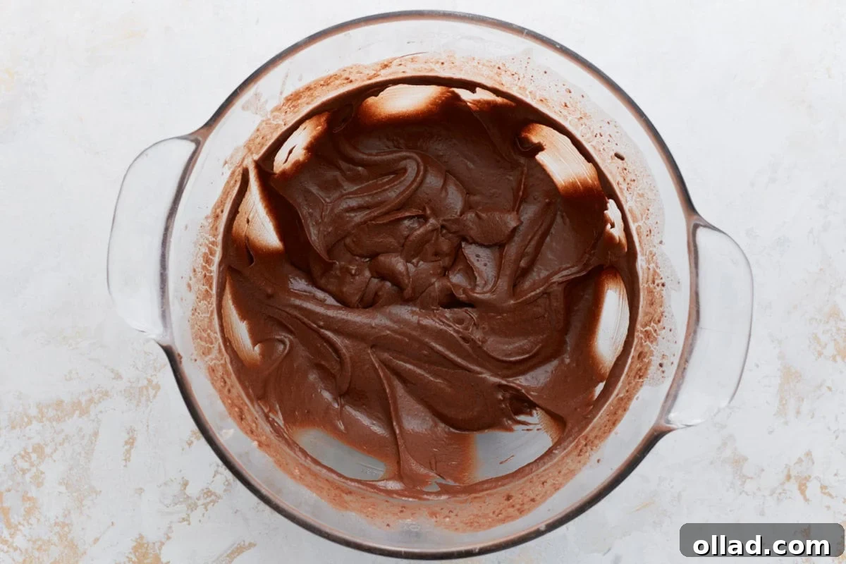 Decadent Gluten-Free Ice Cream Cake 10 Smooth, thick gluten-free chocolate cake batter in a large mixing bowl, ready to be poured into pans.