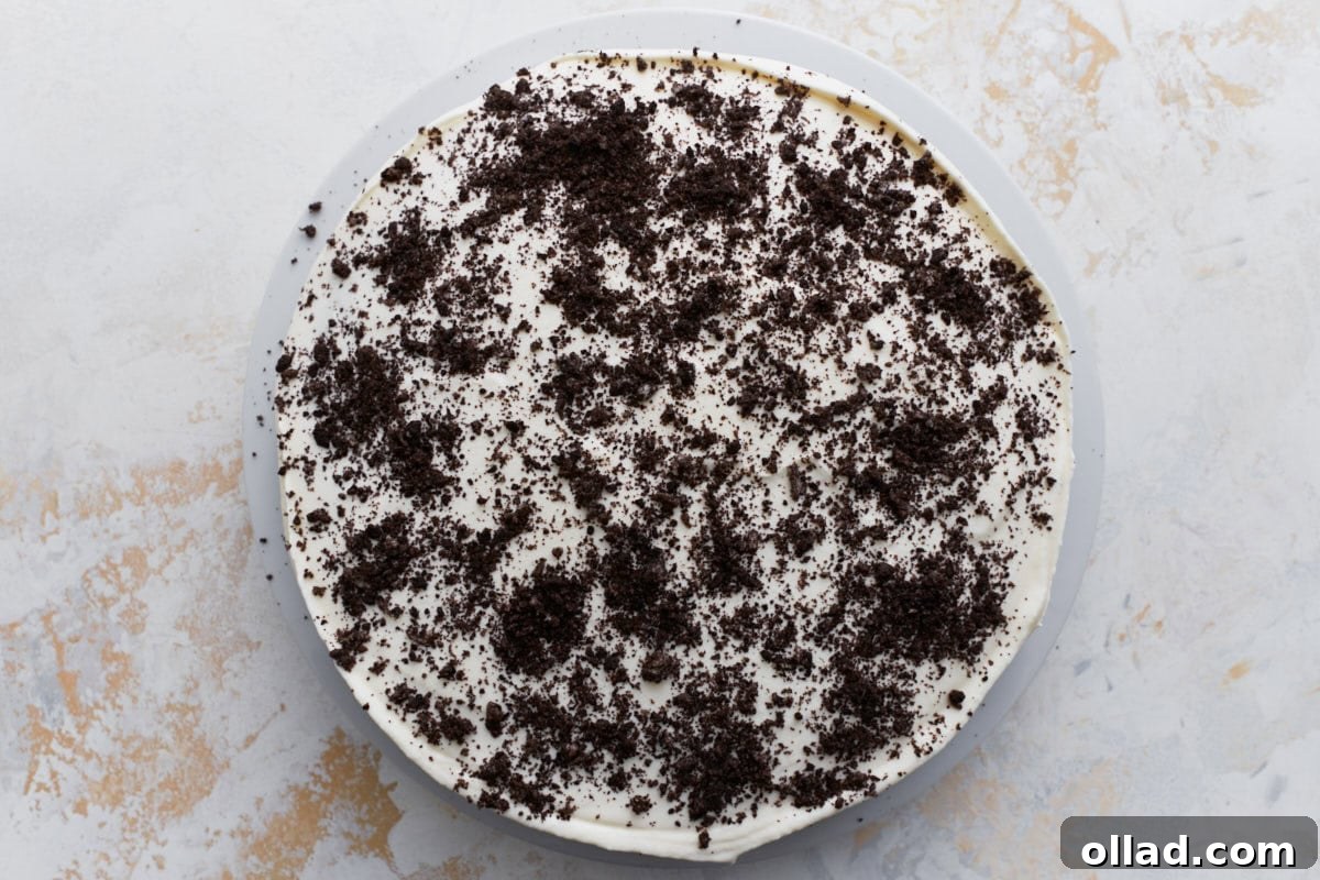 Decadent Gluten-Free Ice Cream Cake 18 The assembled cake topped with whipped cream and a generous layer of crushed gluten-free cookies, seen from above.