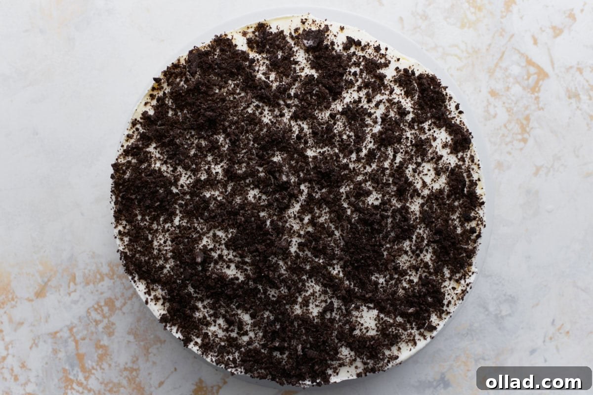 Decadent Gluten-Free Ice Cream Cake 19 The assembled cake topped with another layer of whipped cream and a generous layer of crushed gluten-free cookies, seen from above.
