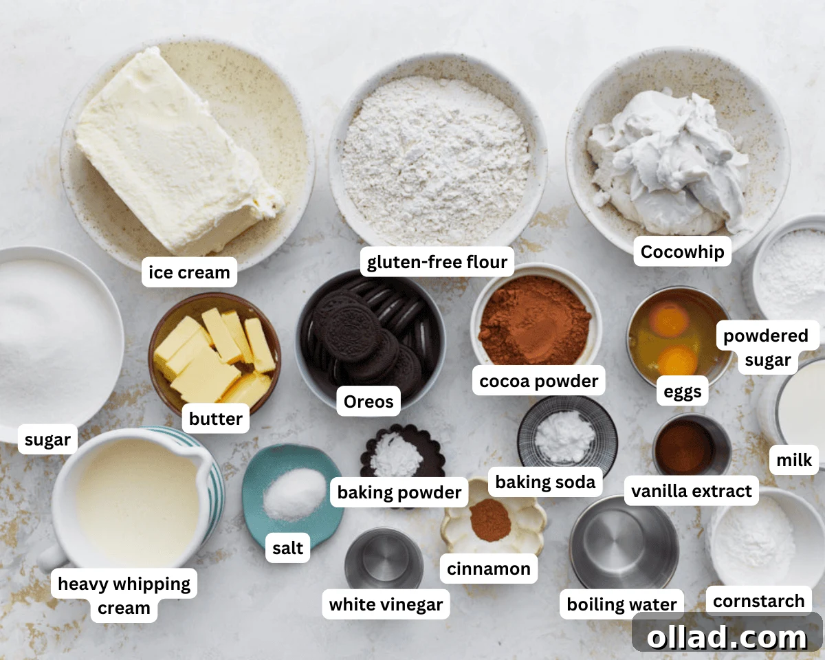 Decadent Gluten-Free Ice Cream Cake 4 Gluten-free ice cream cake ingredients neatly laid out on a kitchen counter.