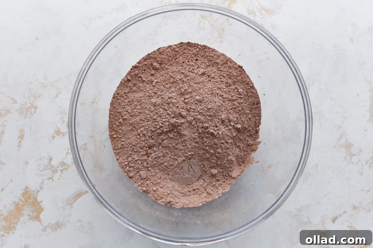Decadent Gluten-Free Ice Cream Cake 7 A bowl of combined dry ingredients for the cake, including cocoa powder and gluten-free flour.