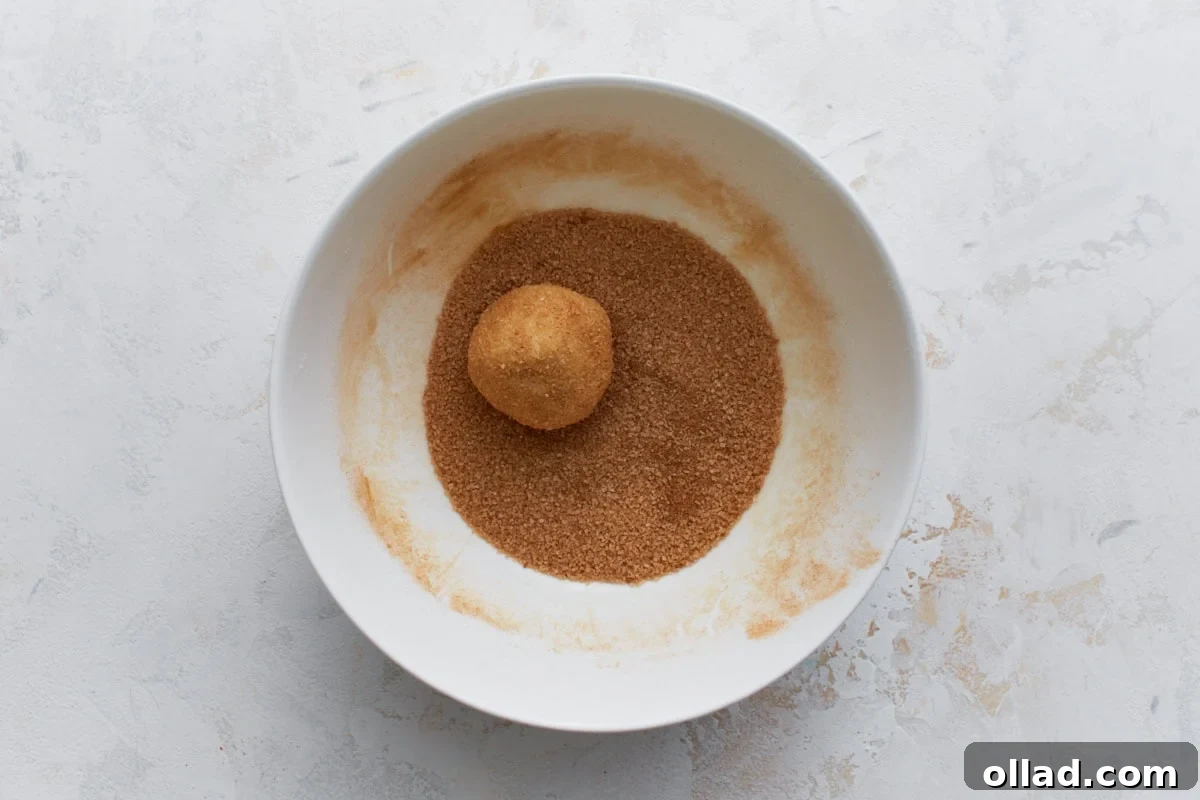 Chewy Gluten-Free Snickerdoodle Delights 10 A perfectly portioned cookie dough ball, glistening with its coating of cinnamon and sugar, sits ready in a white bowl, illustrating the classic step of preparing snickerdoodle cookies for baking.