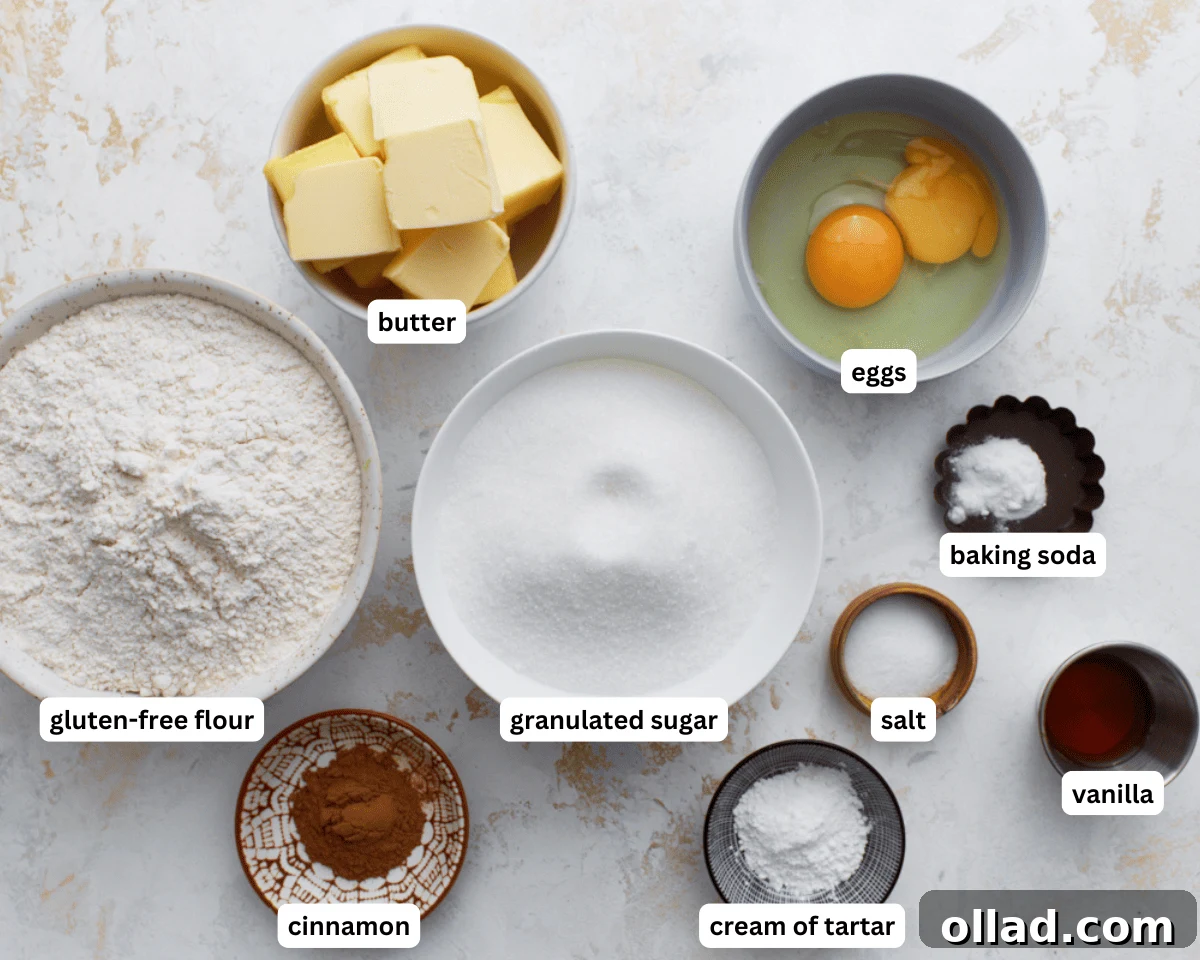 Chewy Gluten-Free Snickerdoodle Delights 4 A collection of essential gluten-free snickerdoodle cookie ingredients laid out on a clean surface, including butter, sugar, eggs, vanilla, gluten-free flour, cream of tartar, baking soda, salt, and a small bowl of cinnamon for the coating.