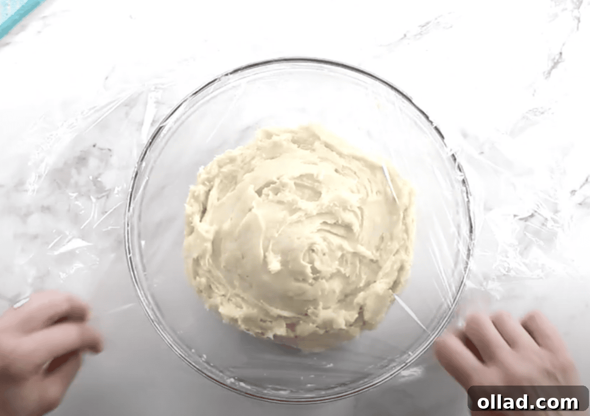 The bowl of Danish dough is covered tightly with plastic wrap to be placed in the freezer.