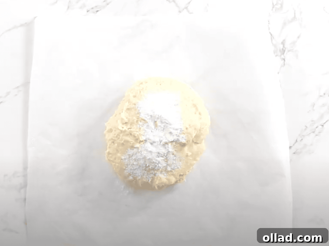 The top of the dough is dusted with flour, preparing it for the folding process.