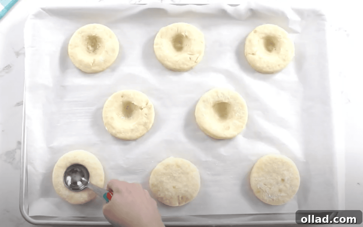 A spoon presses the center of each risen dough round to create a well for filling.