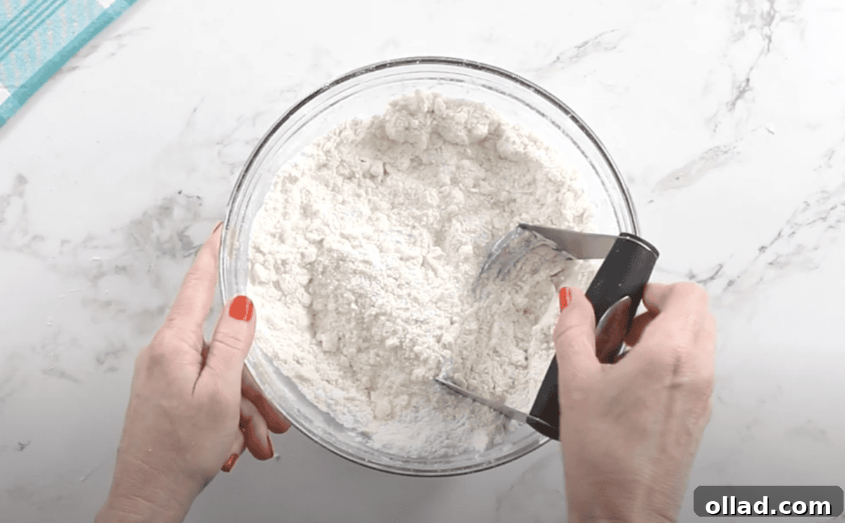 A person uses a pastry cutter to incorporate the butter into the flour mixture, creating a coarse, crumbly texture.