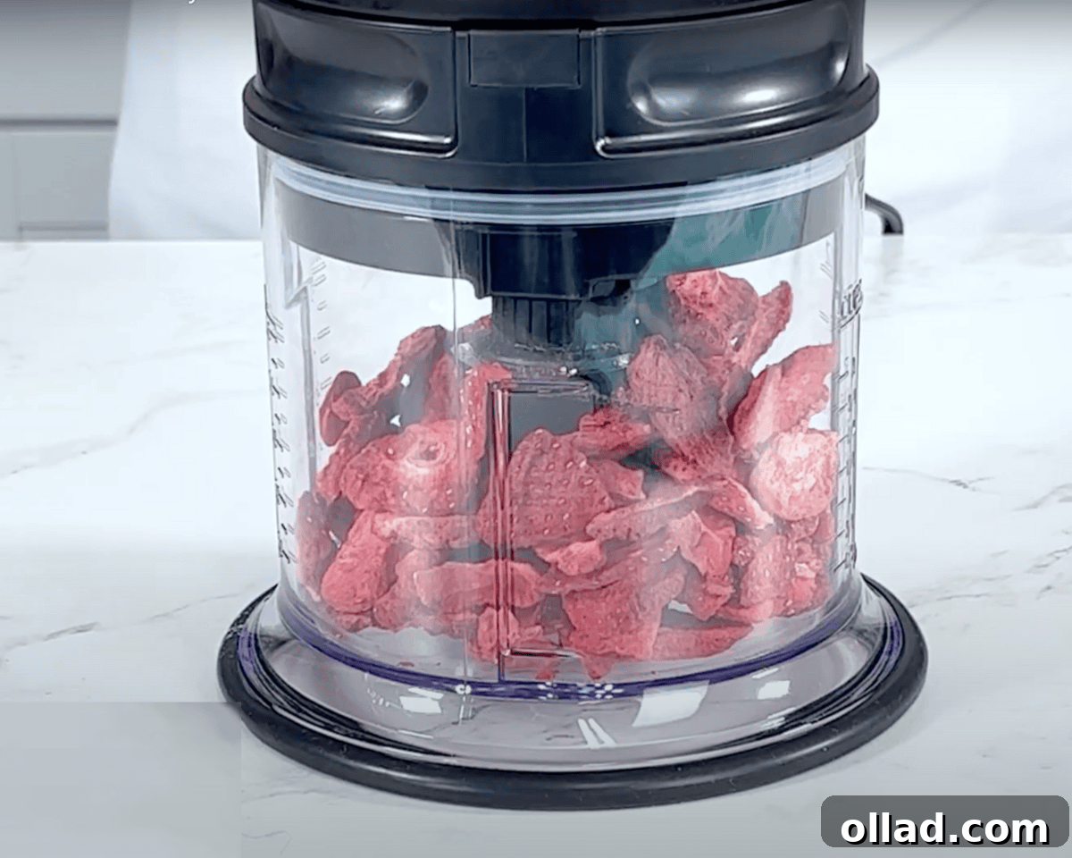 A food processor filled with freeze-dried strawberries, ready to be blended into a fine powder.