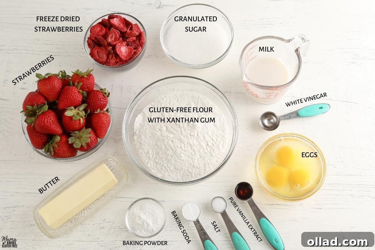 A flat lay of all the ingredients needed for gluten-free strawberry cake, neatly arranged on a white surface.