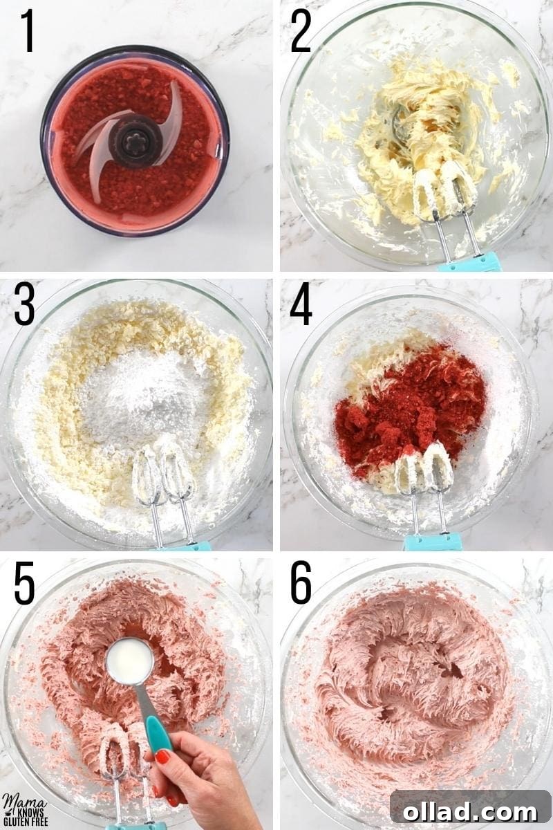 A photo collage showing the step-by-step process of making strawberry frosting, from ingredients to mixing