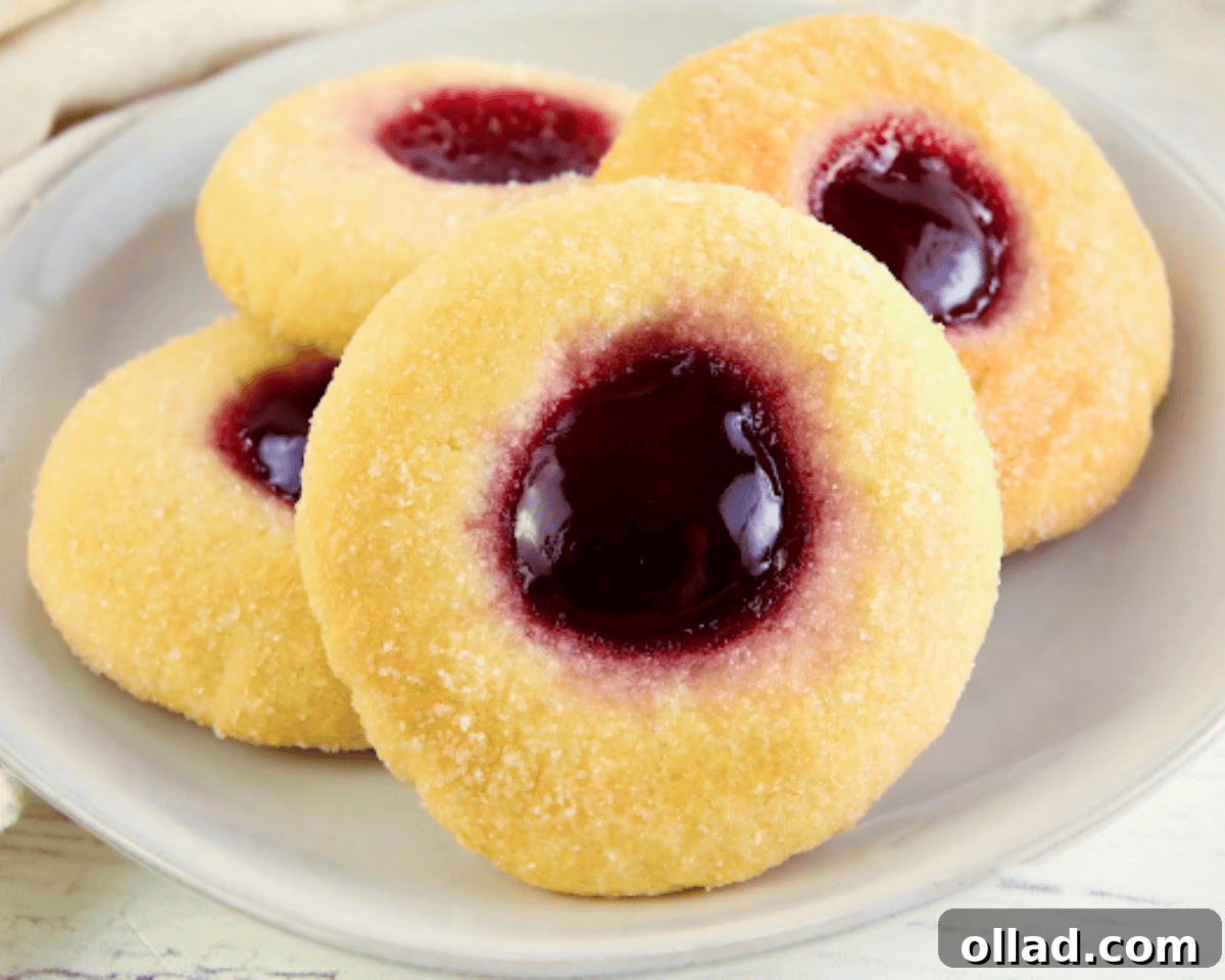 A plate of finished gluten-free thumbprint cookies, beautifully arranged and ready to be enjoyed.