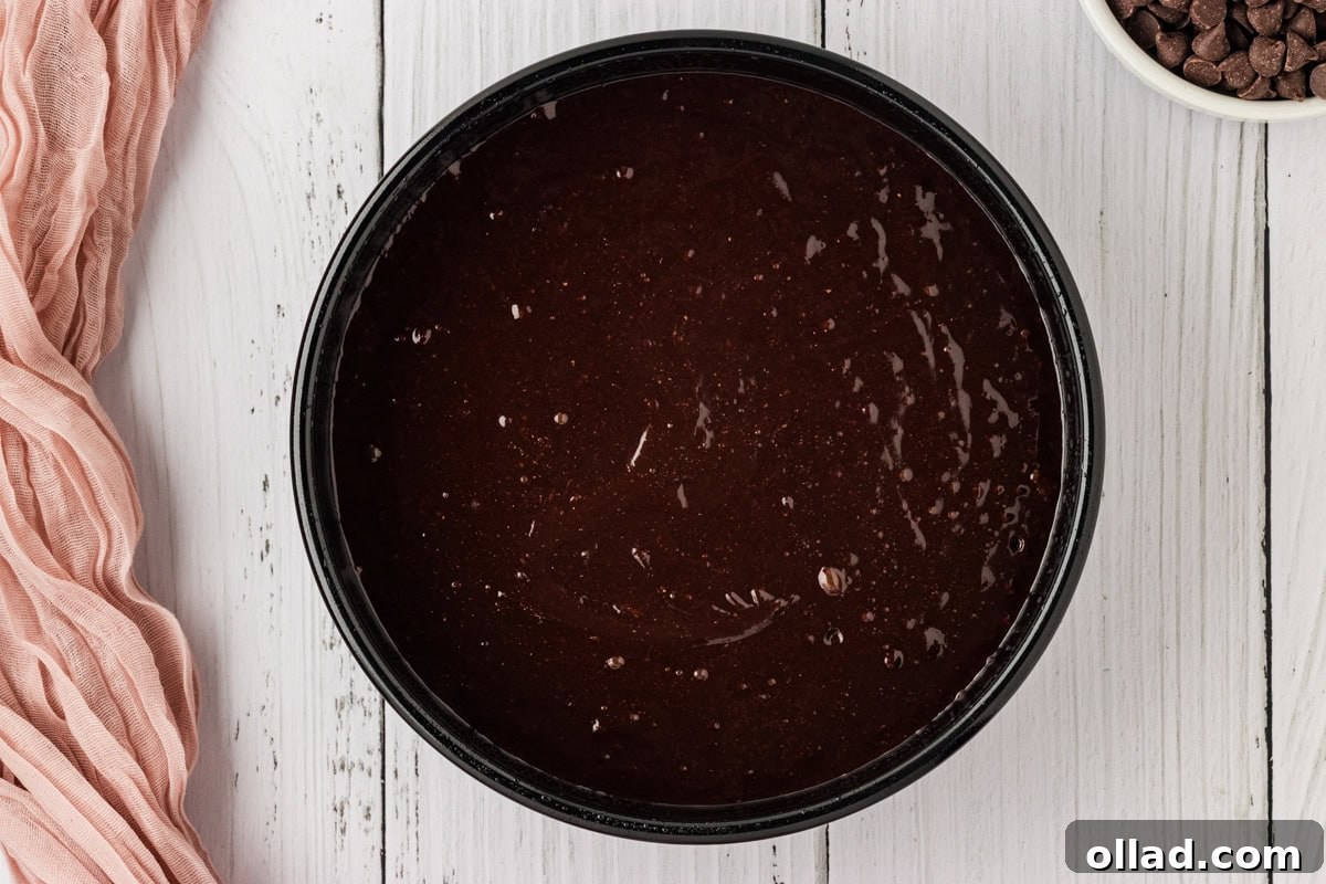 A rich, thick flourless chocolate cake batter perfectly poured into the meticulously greased and parchment-lined circular cake pan, ready for baking.