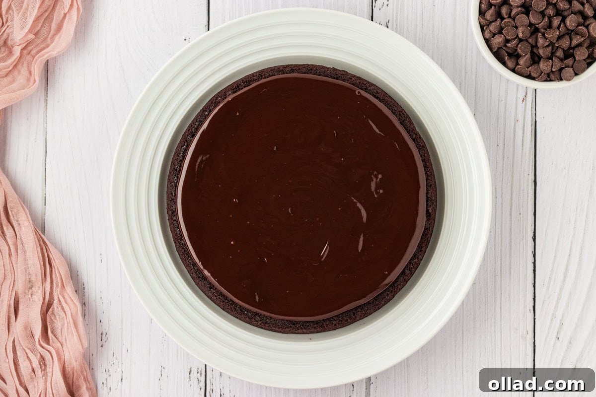 A beautifully glazed flourless chocolate cake, coated in a luscious chocolate ganache, presented on a pristine white platter.