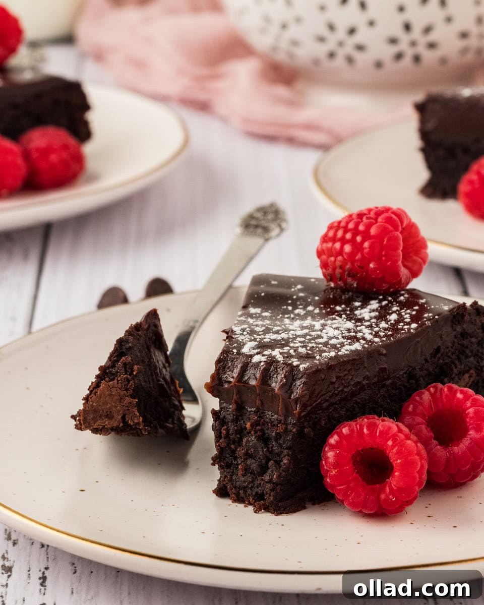 A single slice of flourless chocolate cake on a white plate, beautifully garnished with powdered sugar and fresh raspberries. A small piece has been enjoyed from the slice.