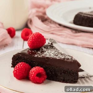 piece of flourless chocolate cake on a white plate topped with powdered sugar and raspberries