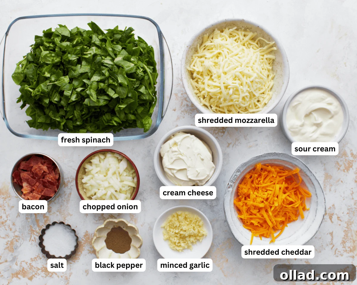Ingredients prepped and measured for hot spinach dip