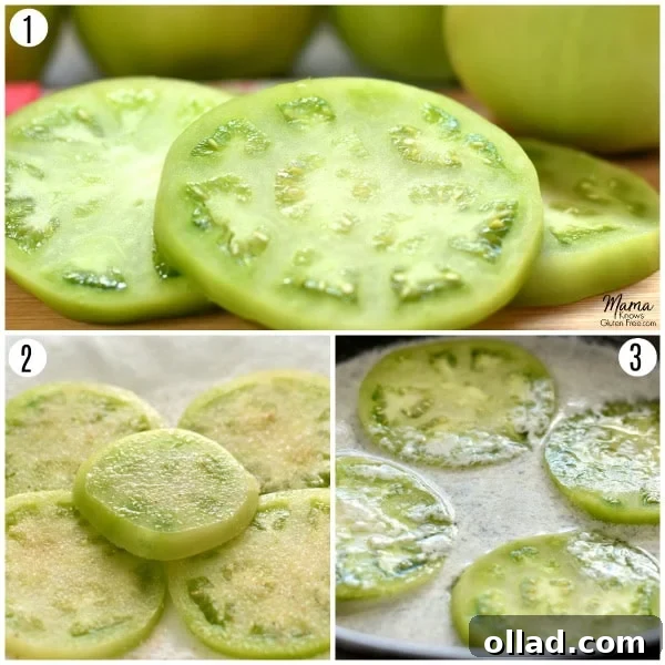 A three-panel photo collage illustrating the first three steps of making gluten-free fried green tomatoes: slicing the tomatoes, salting them, and soaking them in buttermilk.