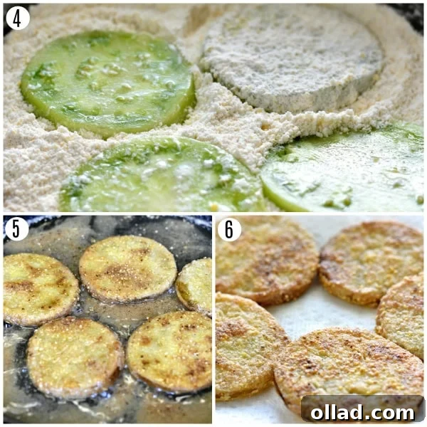 A three-panel photo collage demonstrating the steps to coat and fry gluten-free fried green tomatoes: dipping in batter, frying in a skillet, and placing on paper towels.