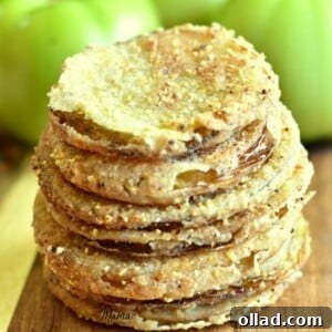 a stack of gluten-free fried green tomatoes with green tomatoes in the background
