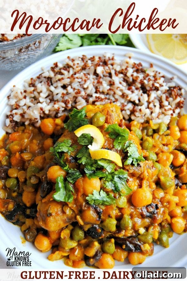 Gluten-Free Moroccan Chicken served with rice, garnished with fresh cilantro and a lemon wedge, suitable for Pinterest sharing.