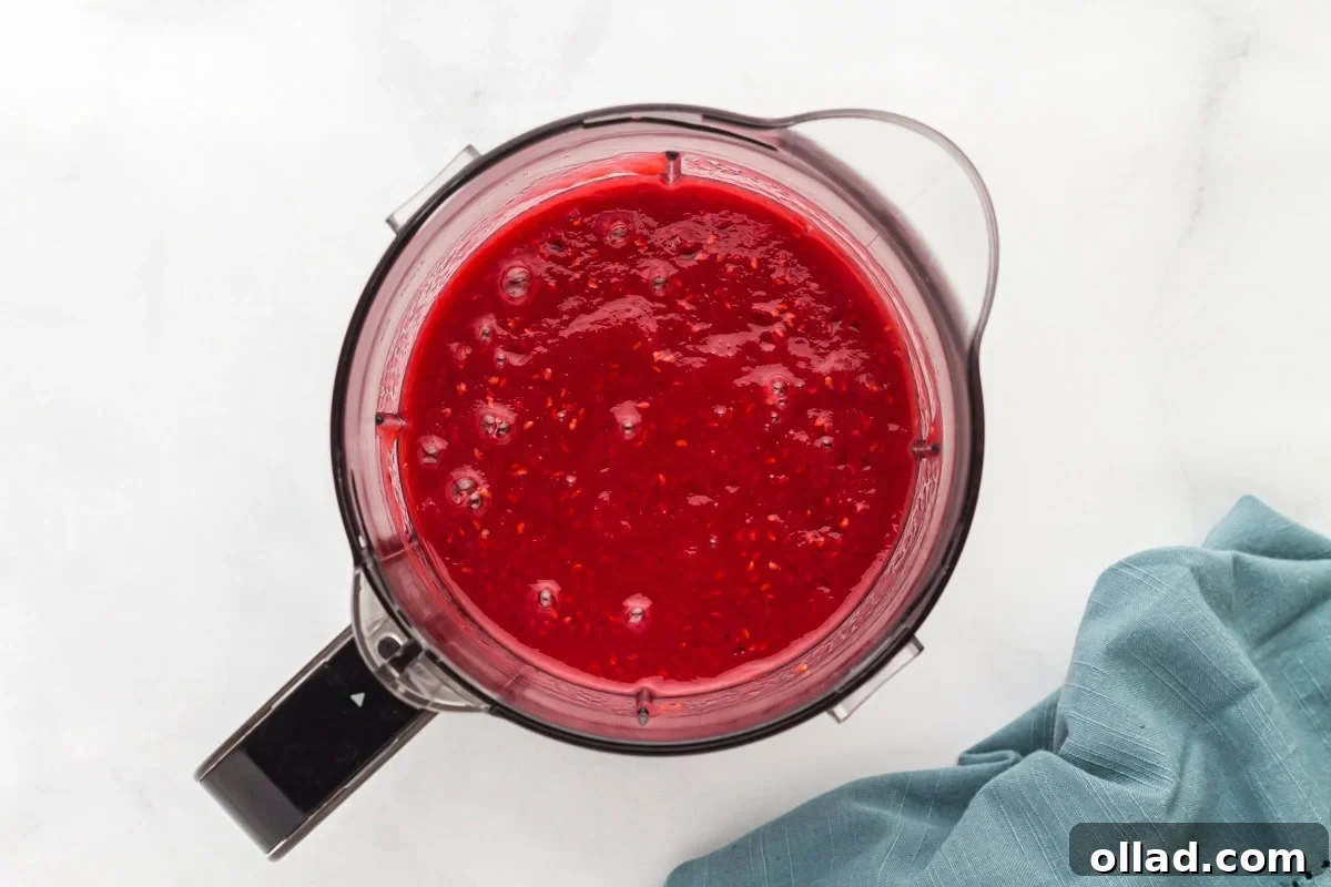 Blended raspberry mixture inside a blender pitcher, showing a smooth and vibrant red puree with a few visible seeds.