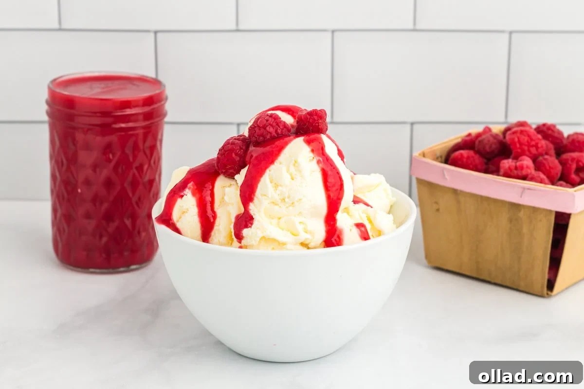 Vanilla ice cream in a white bowl topped with raspberry coulis and fresh raspberries, with a mason jar of coulis and a basket of berries in the background.