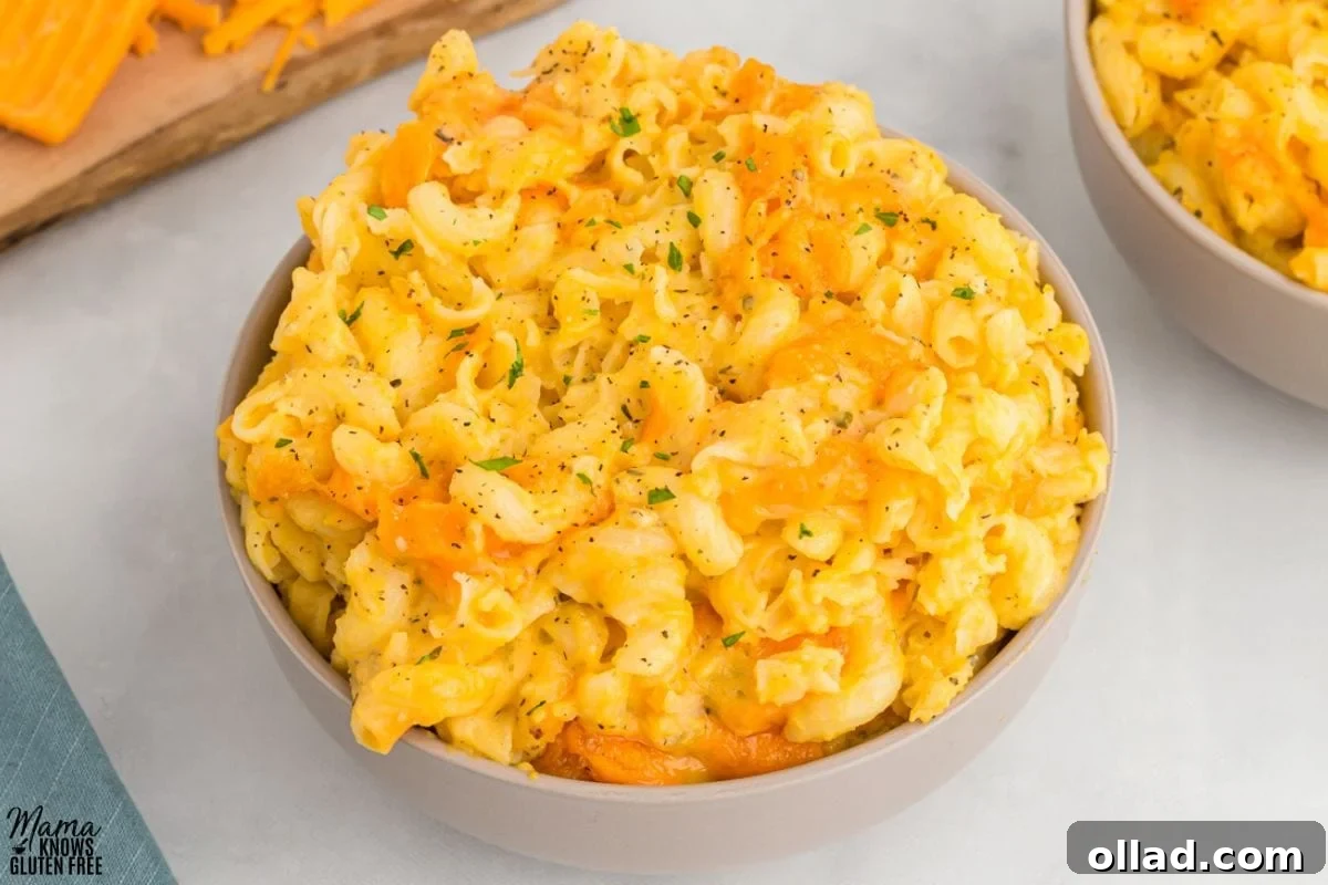 Velvety Gluten-Free Butternut Mac and Cheese 7 Close up photo of Gluten-Free Butternut Squash Mac and Cheese in bowl