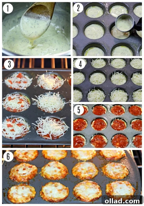 A visual guide showing six distinct steps for preparing gluten-free pizza bites, from mixing the batter to the final baked product, ensuring clarity and ease for home cooks.