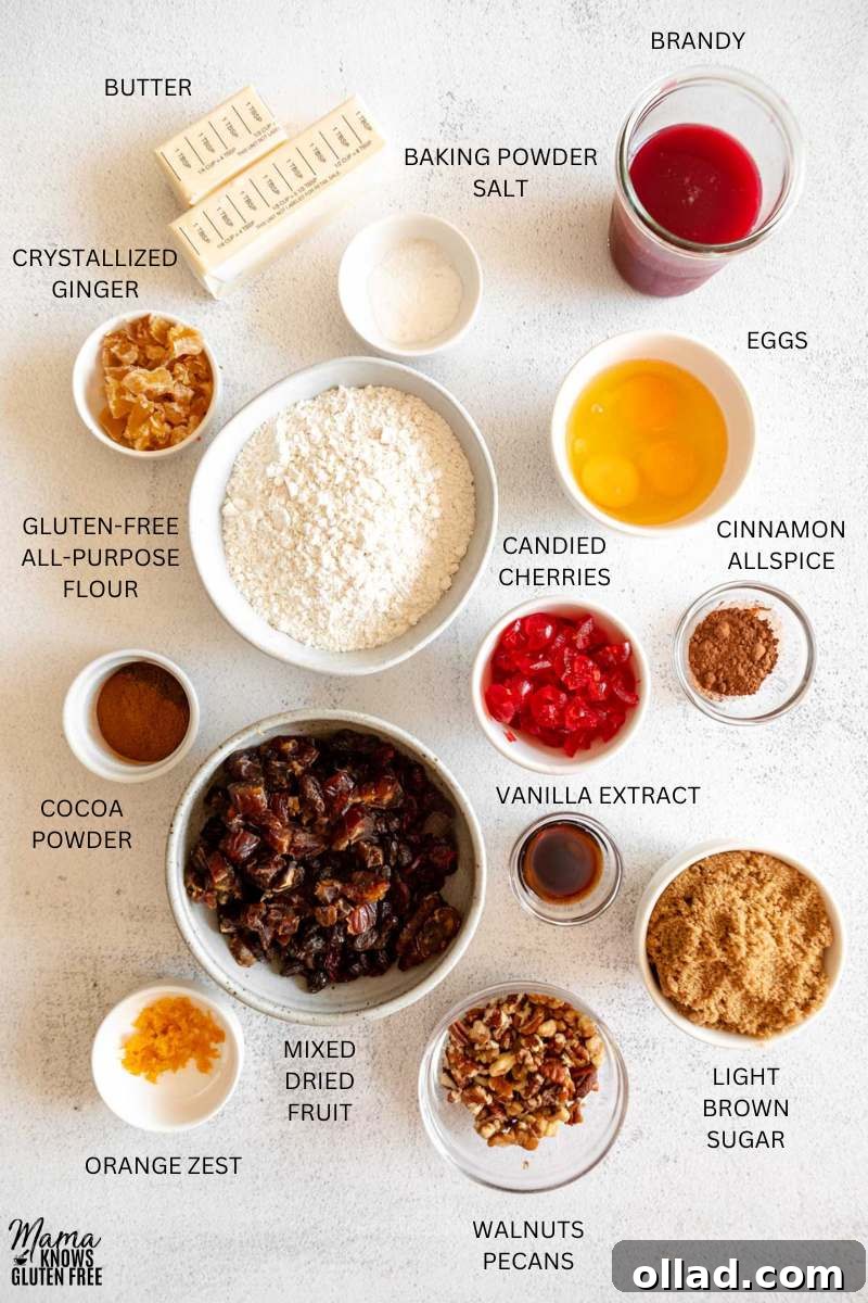 Deliciously Flourless Fruitcake 3 Ingredients for Gluten-Free Fruit Cake measured out in bowls.
