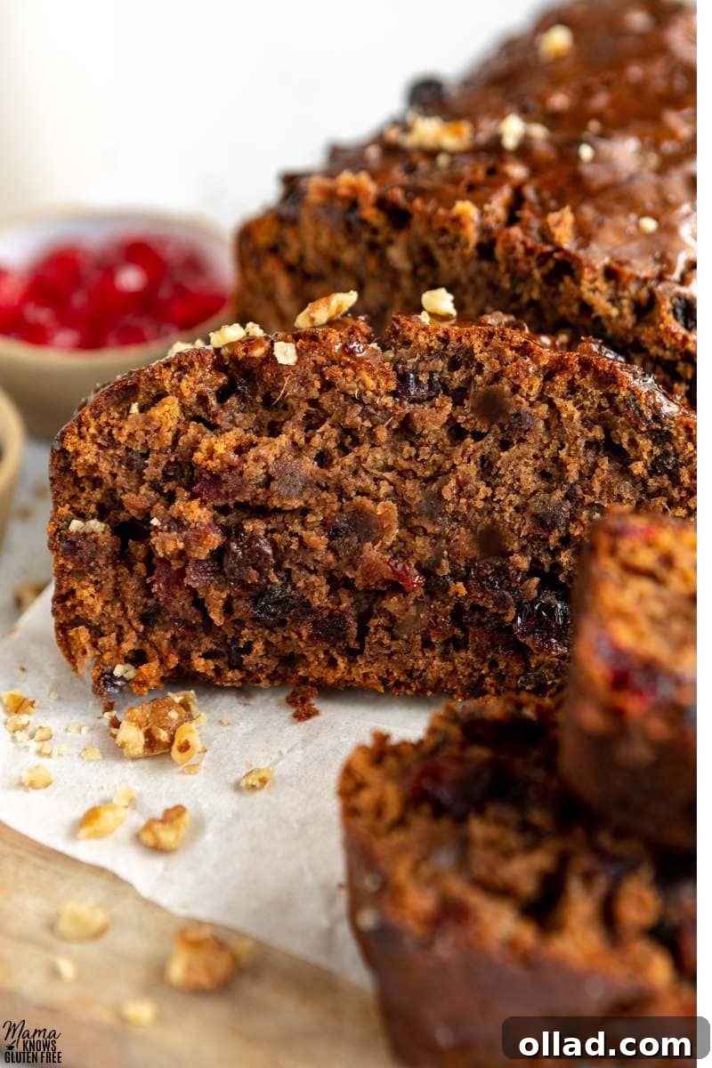 Deliciously Flourless Fruitcake 5 Interior of a slice of Gluten-Free Fruit Cake.