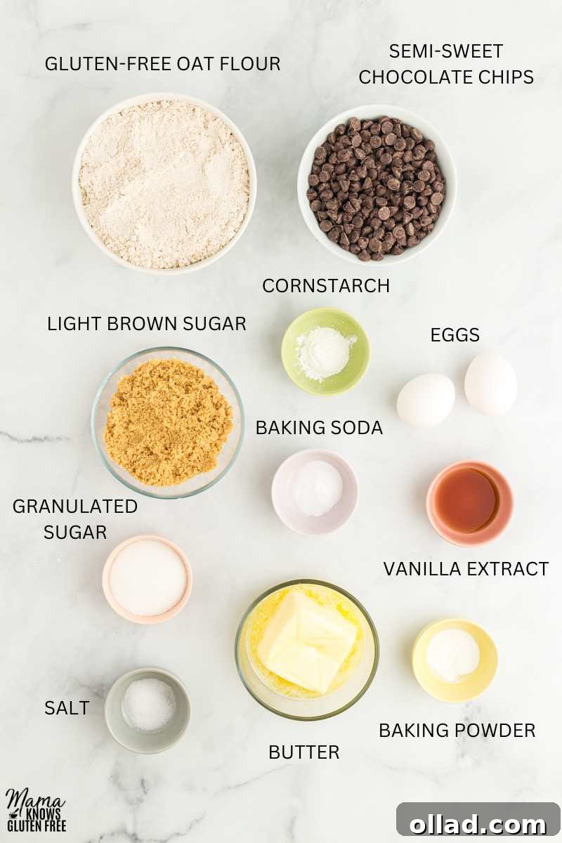 All ingredients for Oat Flour Chocolate Chip Cookies measured in bowls, neatly arranged.