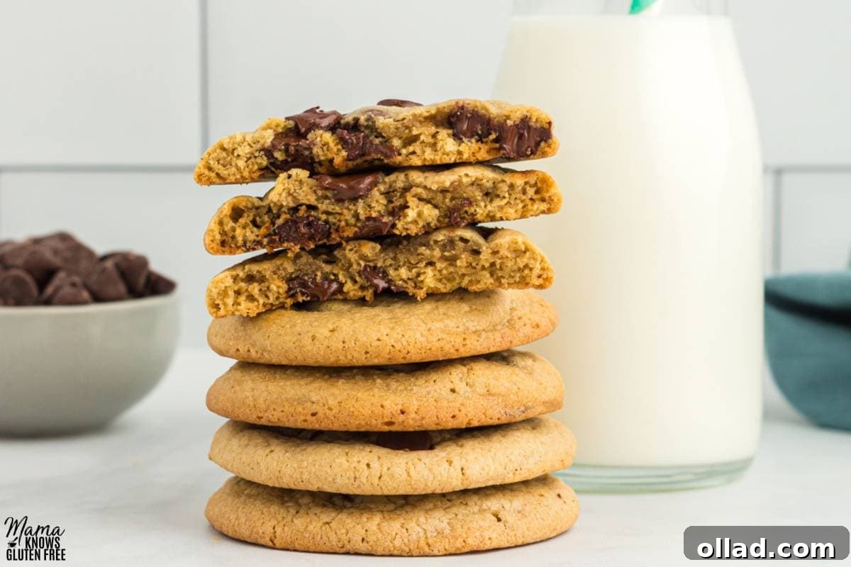 A stack of perfectly baked oat flour chocolate chip cookies, ready to be enjoyed.