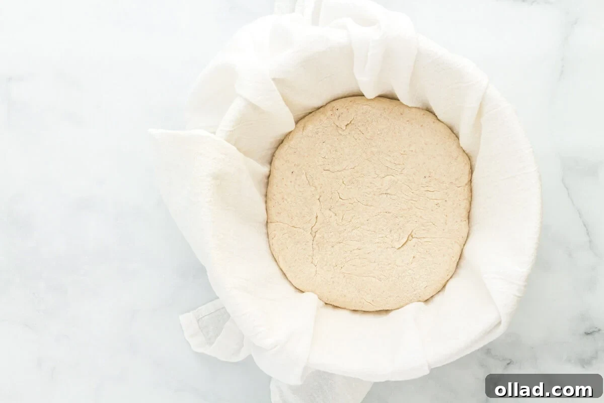 The shaped gluten-free sourdough bread dough placed smooth-side down in a round bowl, which is lined with a clean tea towel for proofing.
