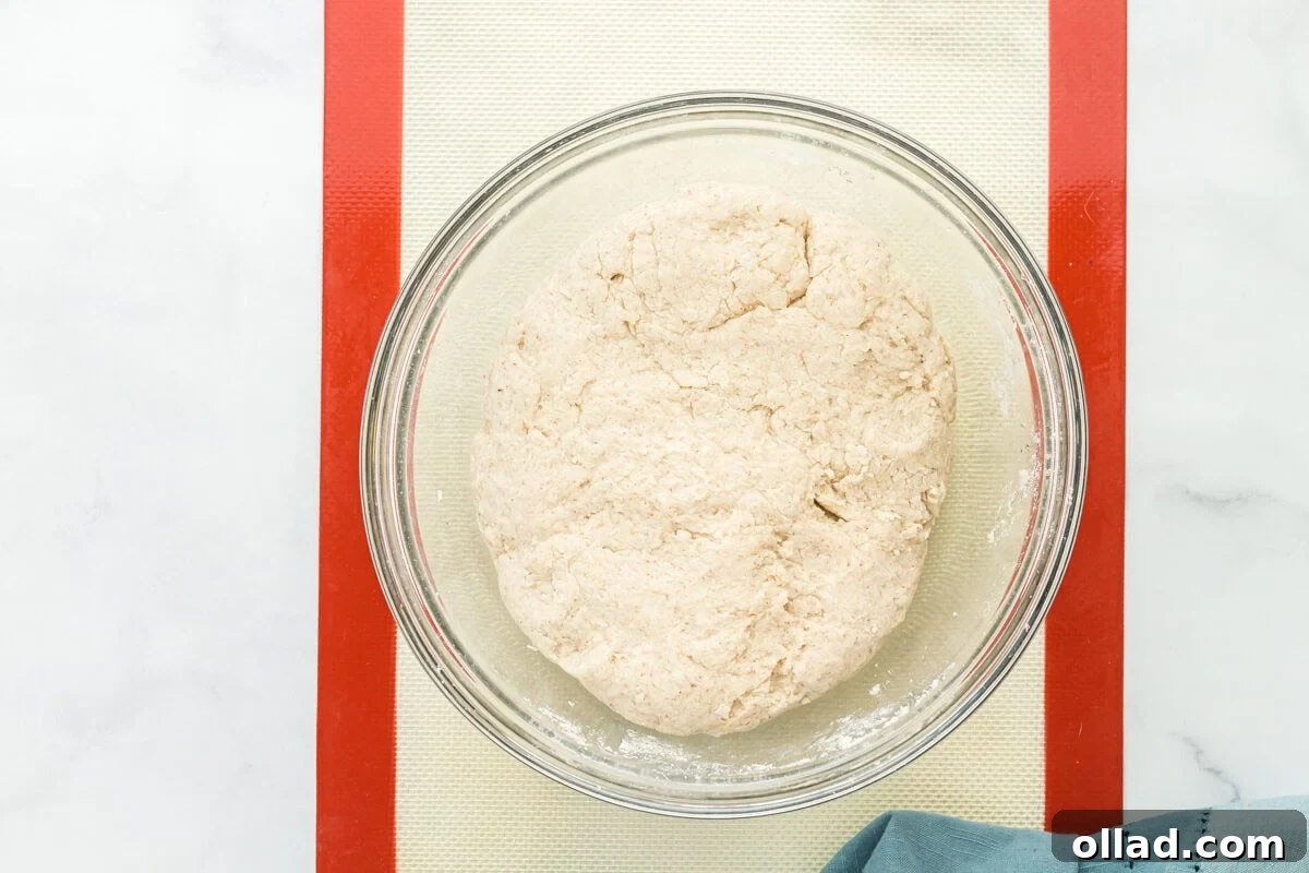 The mixed gluten-free sourdough bread dough, appearing cohesive and slightly gummy, inside a clear glass bowl after initial mixing.