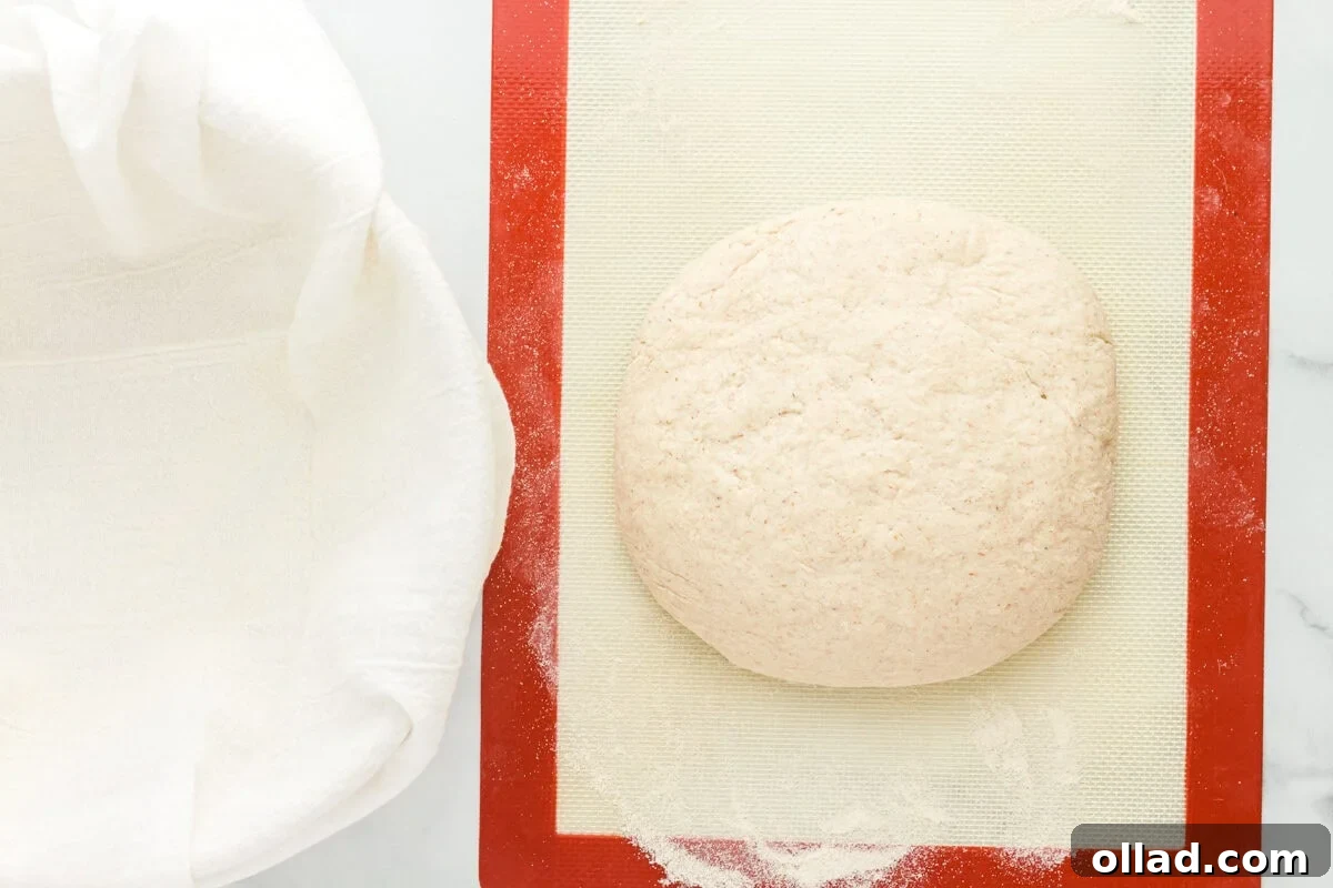 A smooth ball of gluten-free sourdough bread dough resting on a lightly floured cutting board after gentle kneading.