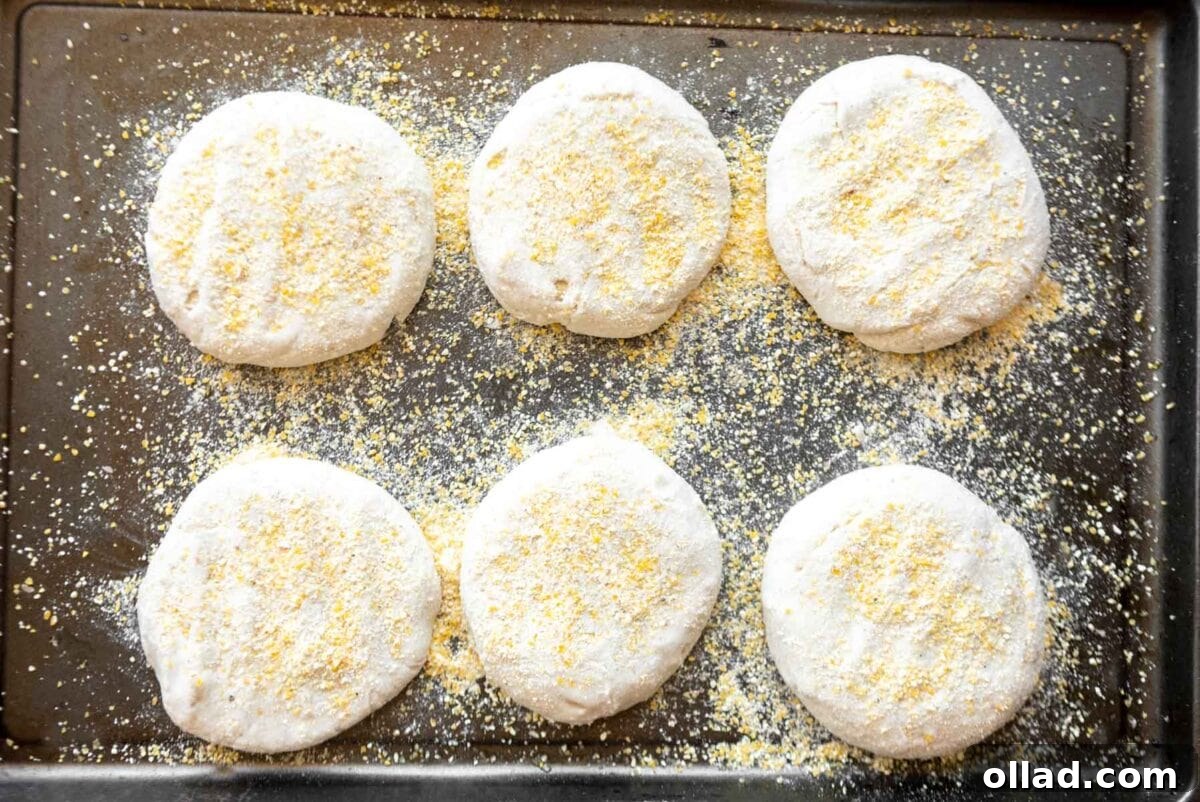 Gluten-free English muffins, dusted with cornmeal, ready for cooking.