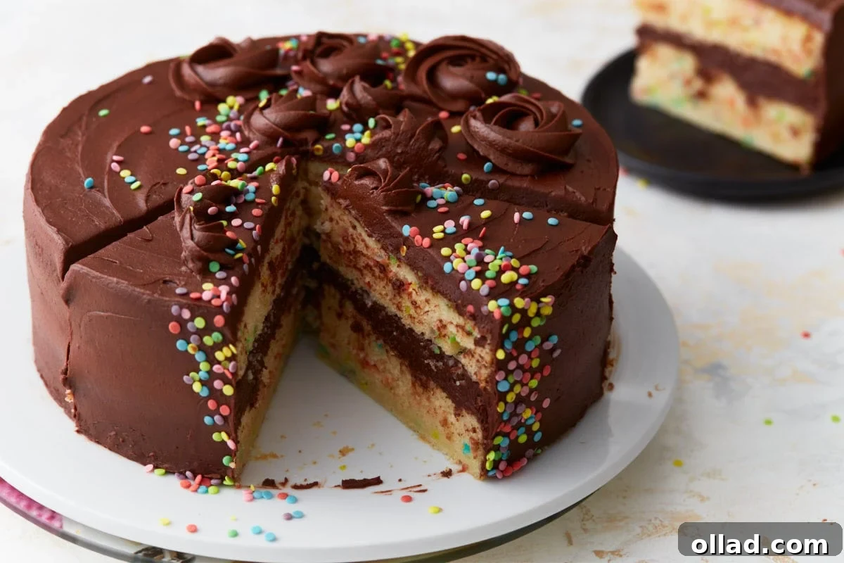 Irresistible Gluten-Free Cake Secrets 15 A gluten-free funfetti cake with a slice removed, showing the soft yellow cake with sprinkles and thick chocolate buttercream layers.