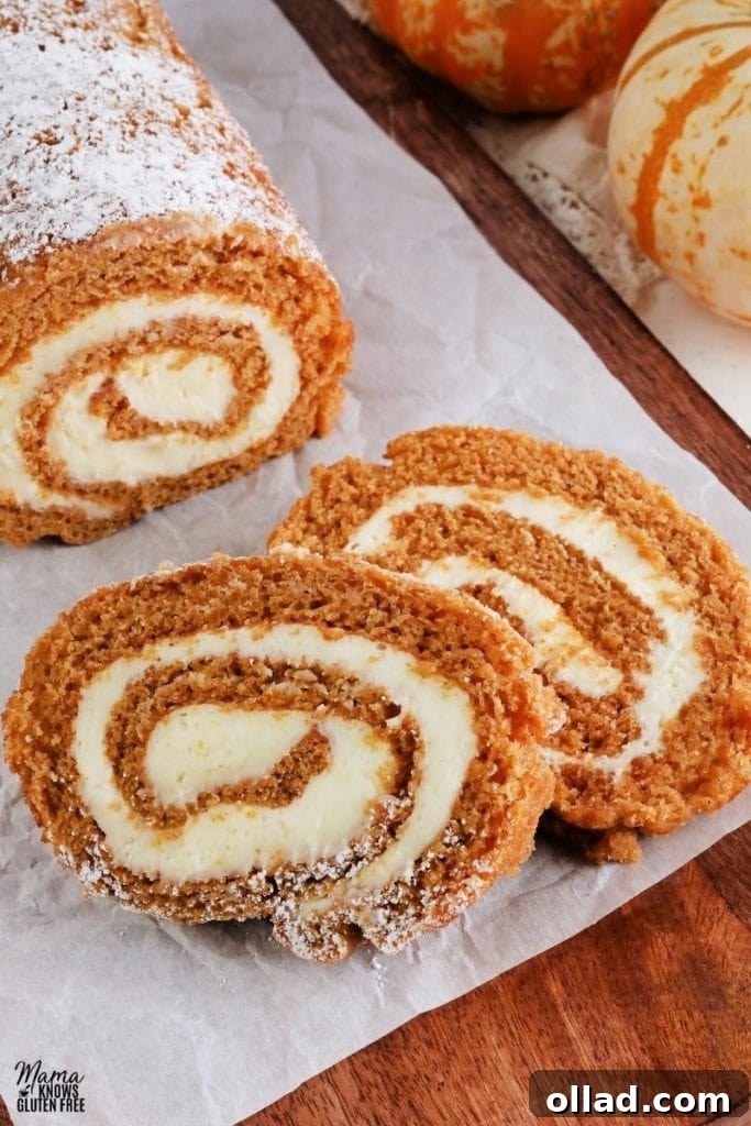 Irresistible Gluten-Free Cake Secrets 8 gluten-free pumpkin roll sliced on a brown cutting board