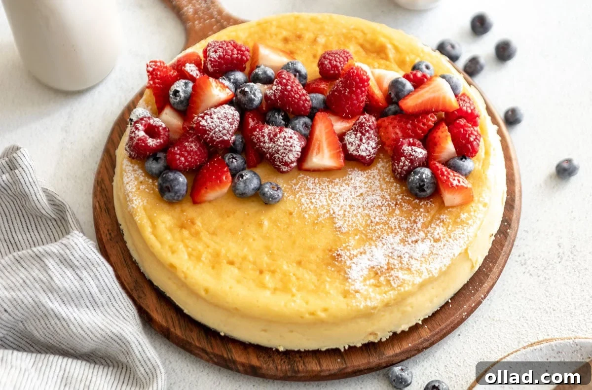 Finished crustless cheesecake on a wooden serving board, topped with fresh strawberries, raspberries, blueberries, and a dusting of powdered sugar.