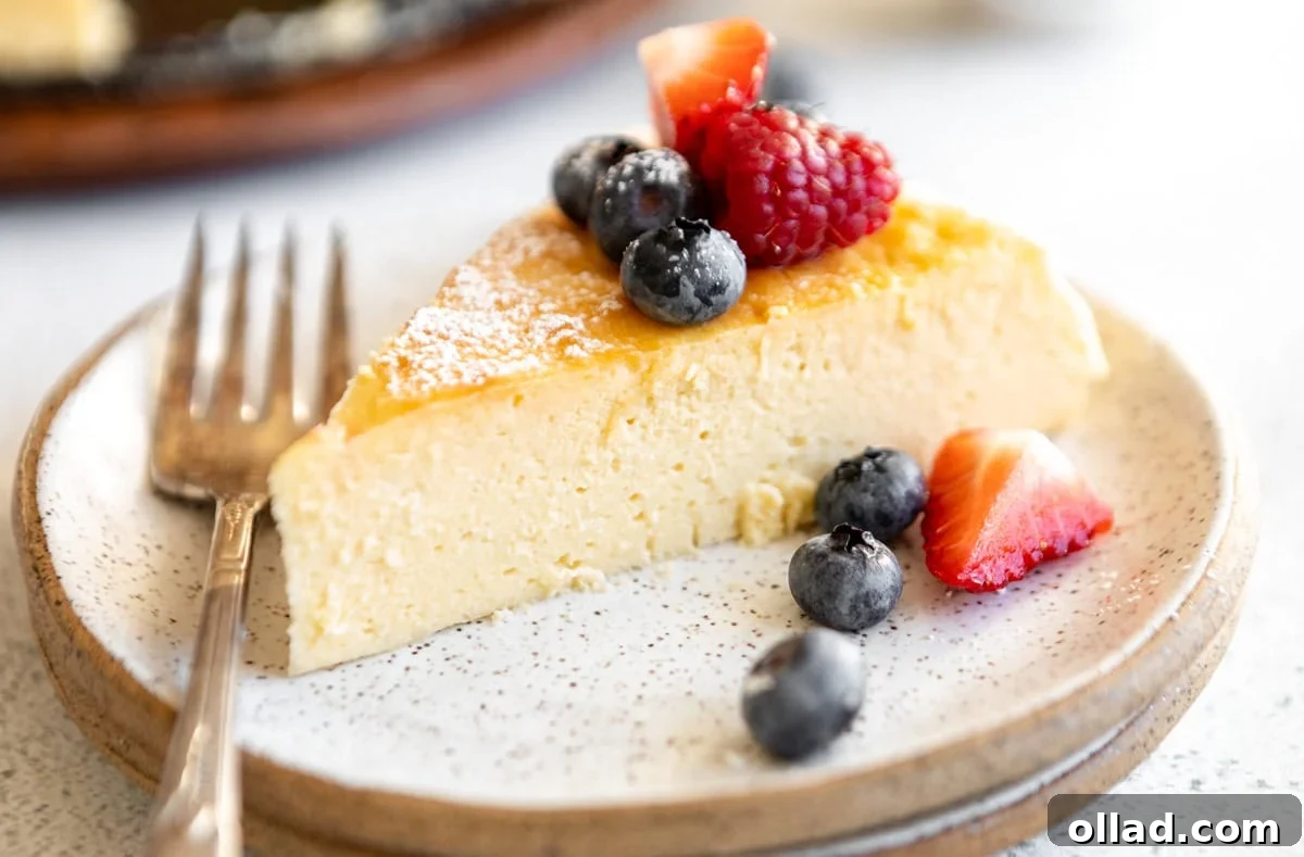 A slice of cheesecake on a speckled ceramic plate, topped with fresh berries and served with a fork.
