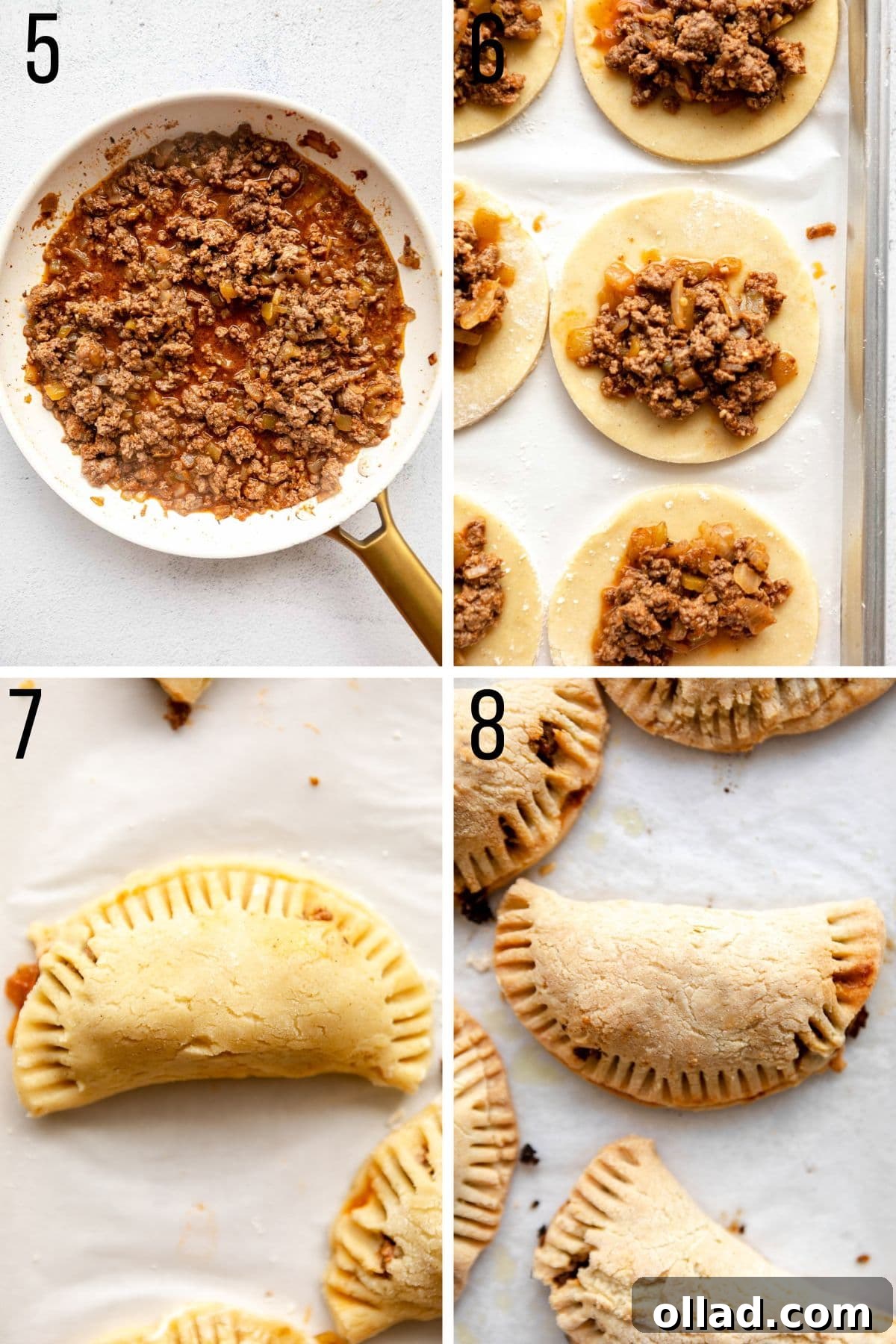 Another set of step-by-step photos illustrating how to roll out the dough, cut circles, fill, and crimp gluten-free empanadas.