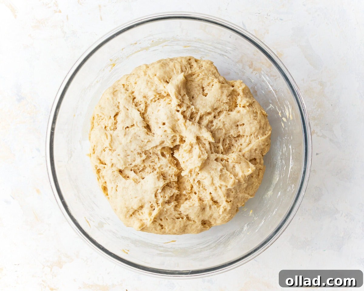 risen gluten-free dough in a glass bowl.