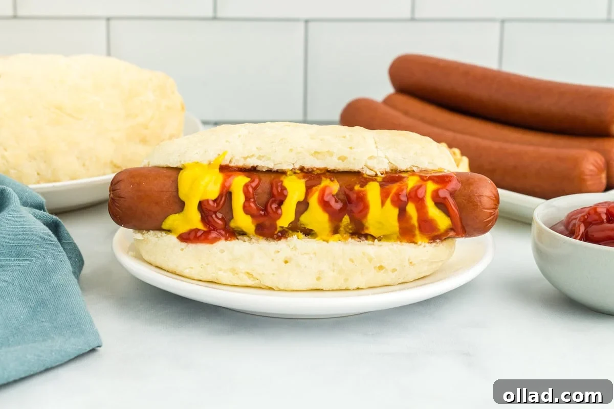 a perfectly grilled hot dog nestled in a gluten-free hot dog bun, generously topped with ketchup and mustard on a white plate.
