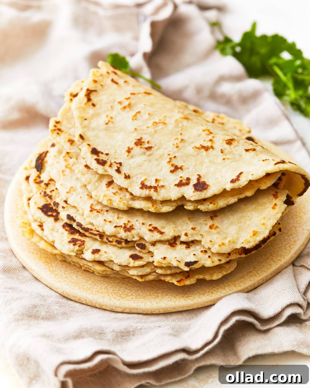 A stack of golden brown almond flour tortillas on a rustic plate, ready to be filled with your favorite ingredients.