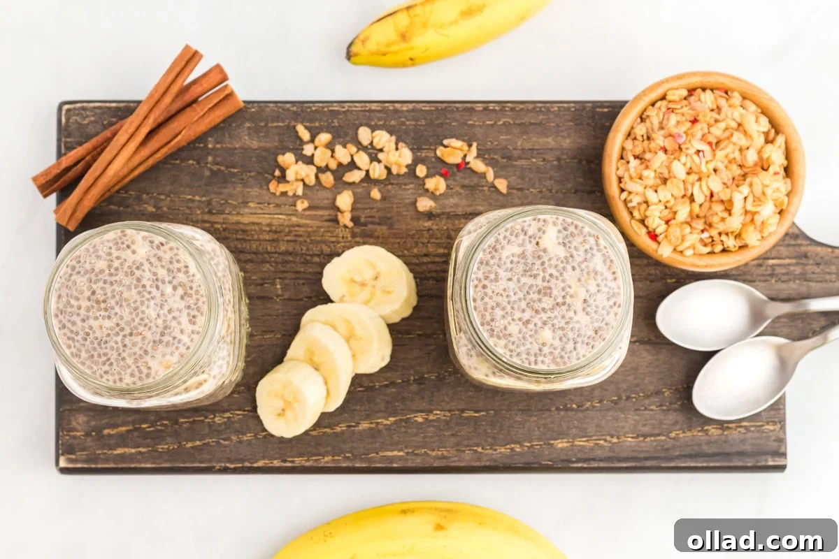 overhead view of 2 servings of banana chia pudding in mason jars.