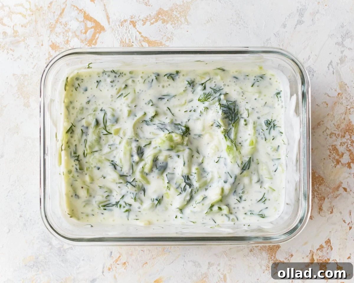 Dairy-free tzatziki in a glass dish